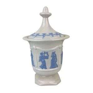 Arnels Blue & White Lidded Ceramic Jar Urn Vase Roman Greek Design